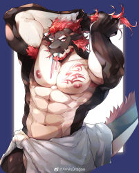 Rule 34 | 1boy, absurdres, animal ears, armpit hair, arms up, bara, beard, chest tattoo, cowboy shot, dragon (any), dragon boy, dragon ears, facial hair, furry, furry male, hair tie in mouth, highres, large pectorals, long hair, looking at viewer, male focus, mature male, messy hair, mouth hold, muscular, muscular male, original, pectorals, ppyong, red hair, second-party source, solo, tattoo, thick eyebrows, topless male, towel around waist, tying hair, wet