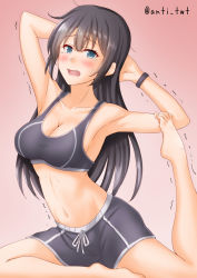 Rule 34 | 1girl, agano (kancolle), alternate costume, anti (untea9), barefoot, black hair, bra, breasts, cleavage, commentary request, exercising, gradient background, green eyes, grey bra, grey shorts, highres, kantai collection, large breasts, long hair, looking at viewer, midriff, one-hour drawing challenge, red background, shorts, simple background, solo, split, sports bra, stretching, trembling, underwear