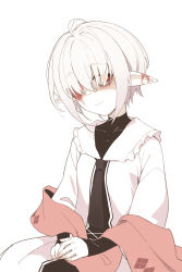 Rule 34 | 1girl, abelia (ogami kazuki), asutora, black necktie, borrowed character, closed mouth, commentary request, fingernails, highres, long sleeves, looking at viewer, necktie, original, pointy ears, red eyes, scar, scar on face, shirt, short hair, simple background, smile, solo, white background, white hair, white shirt