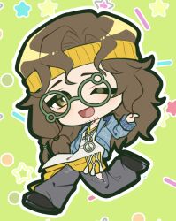 Rule 34 | 1boy, ;d, black footwear, blue jacket, brown hair, chibi, diggers (reverse:1999), glasses, green background, green eyes, grey-framed eyewear, grey pants, hairband, hand up, jacket, leg up, long hair, looking at viewer, male focus, novelty glasses, one eye closed, open mouth, pants, peace symbol, reverse:1999, running, shirt, smile, solo, spahqldla, star (symbol), starry background, white shirt, yellow hairband