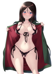 Rule 34 | 1girl, black bra, black hair, black panties, blue eyes, blush, bra, breasts, censored, closed mouth, coat, commentary, commission, cowboy shot, crotchless, crotchless panties, cupless bra, exhibitionism, front-tie bra, frown, girls und panzer, green coat, half-closed eyes, halterneck, highleg, highleg panties, kuzuryuu kennosuke, large breasts, long hair, looking at viewer, navel, nipples, nonna (girls und panzer), open clothes, open coat, opened by self, panties, pixiv commission, public indecency, red coat, side-tie panties, simple background, solo, standing, string panties, swept bangs, trench coat, two-sided coat, two-sided fabric, underwear, white background