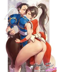 Rule 34 | 2girls, ass, black hair, breast press, breasts, bun cover, capcom, chun-li, crossover, double bun, earrings, english text, fatal fury, female focus, hair bun, jewelry, large breasts, long hair, multiple girls, ponytail, shiranui mai, snk, street fighter, the king of fighters, thick thighs, thighs, thong, twitter username, yotastar sc