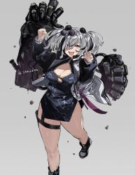 Rule 34 | 1girl, animal ears, arknights, black footwear, black hair, black jacket, blue dress, breasts, china dress, chinese clothes, cleavage cutout, clenched hand, clothing cutout, commentary, dress, eyewear on head, fang, feater (arknights), flower knot, full body, grey background, hair between eyes, highres, ierotak, infection monitor (arknights), jacket, large breasts, letterman jacket, looking at viewer, mechanical arms, medium hair, multicolored hair, multicolored jacket, open clothes, open jacket, open mouth, panda ears, pink eyes, round eyewear, shoes, short dress, silver hair, simple background, smile, solo, streaked hair, thick thighs, thighs, tinted eyewear, twintails, twitter username, two-tone hair, two-tone jacket, white jacket