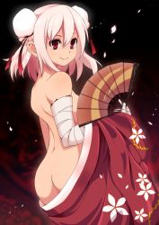 Rule 34 | 1girl, alternate costume, ass, back, bandages, bun cover, butt crack, double bun, female focus, folding fan, from behind, hair bun, hand fan, ibaraki kasen, japanese clothes, kimono, kotomuke fuurin, looking at viewer, naked kimono, nude, petals, pink hair, red eyes, short hair, smile, solo, touhou, undressing