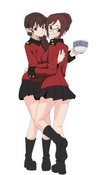 Rule 34 | 2girls, absurdres, black-framed eyewear, black footwear, black skirt, boots, braid, brown eyes, brown hair, closed mouth, commentary, crown braid, cup, english commentary, epaulettes, from behind, frown, full body, girls und panzer, glasses, hair over shoulder, highres, holding, holding cup, hug, insignia, jacket, long sleeves, looking at viewer, looking back, military, military uniform, miniskirt, multiple girls, nilgiri (girls und panzer), pleated skirt, red jacket, rukuriri (girls und panzer), short hair, simple background, single braid, skirt, smile, st. gloriana&#039;s military uniform, standing, standing on one leg, swept bangs, teacup, uniform, wani (perfect han), white background, yuri