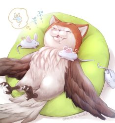 Rule 34 | animal ears, animal focus, bean bag chair, bird, cat ears, commentary request, dreaming, feathered wings, feathers, granblue fantasy, heysho souko, mouse (animal), no humans, owl, owlcat, saliva, simple background, sleeping, snot, thought bubble, toy mouse, twitter username, white background, wings