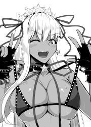 Rule 34 | 10s, 1girl, akitsuki karasu, bare shoulders, bb (fate), bb (fate) (all), bb (swimsuit mooncancer) (fate), bb (swimsuit mooncancer) (second ascension) (fate), blush, breasts, cleavage, fate/extra, fate/extra ccc, fate/grand order, fate (series), gloves, greyscale, gyaru, hair ribbon, long hair, looking at viewer, monochrome, open mouth, ribbon