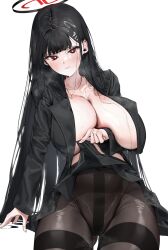 Rule 34 | 1girl, black hair, black shirt, blue archive, breasts, clothes lift, halo, highres, huge breasts, large breasts, long hair, long sleeves, looking back, open clothes, open shirt, pantyhose, poharo, red eyes, rio (blue archive), shirt, skirt, skirt lift, solo, veins, veiny breasts, white background