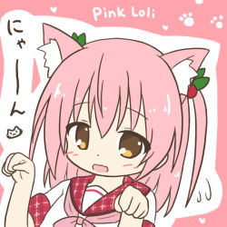 Rule 34 | 1girl, animal ear fluff, animal ears, blush, brown hair, cat ears, fang, flying sweatdrops, hair between eyes, hair bobbles, hair ornament, hands up, kemonomimi mode, neckerchief, open mouth, original, outline, paw pose, paw print, paw print background, pink background, pink hair, pink neckerchief, red sailor collar, ri-net, sailor collar, school uniform, serafuku, shirt, short sleeves, solo, translation request, two side up, white outline, white shirt