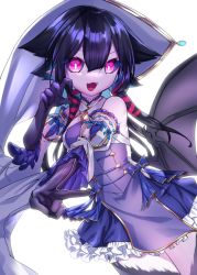 Rule 34 | 1girl, :3, black hair, black sclera, black skin, blue hair, bright pupils, claw pose, colored inner hair, colored sclera, colored skin, cowboy shot, demon wings, detached sleeves, dress, fangs, fingernails, frilled dress, frills, hair between eyes, hair ears, hair ribbon, long hair, looking at viewer, monster girl, multicolored hair, multicolored skin, original, outstretched arm, pink eyes, pleated sleeves, pointy ears, puffy short sleeves, puffy sleeves, ribbon, rtsusk09, sharp fingernails, short sleeves, solo, stitches, tress ribbon, v, white background, white pupils, wings