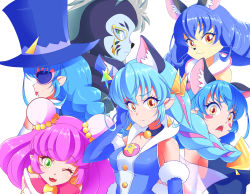 Rule 34 | 1boy, 5girls, :3, :o, ;d, animal ears, bakenyan (precure), black neckwear, blue cat (precure), blue gloves, blue hair, blue headwear, blue shirt, blush stickers, braid, bun cover, cat ears, choker, closed mouth, cure cosmo, double bun, elbow gloves, extra ears, furry, gloves, green eyes, hat, highres, long hair, magical girl, mao (precure), monocle, multicolored hair, multiple girls, multiple persona, one eye closed, open mouth, orange eyes, pink hair, pointy ears, precure, purple hair, shirt, shiruppo, simple background, sleeveless, sleeveless shirt, smile, star twinkle precure, streaked hair, surprised, tongue, tongue out, top hat, twin braids, two-tone hair, upper body, whiskers, white background, yuni (precure)