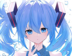 Rule 34 | 1girl, absurdres, bare shoulders, blue eyes, blue hair, blue necktie, blue shirt, collared shirt, commentary, hand up, hatsune miku, highres, long hair, looking at viewer, necktie, parted lips, poono, portrait, shirt, simple background, sleeveless, sleeveless shirt, solo, twintails, v, vocaloid, water drop, white background