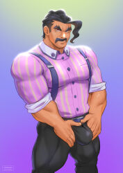 Rule 34 | 1boy, bara, black hair, bulge, cerberus arts, collared shirt, creatures (company), crotch grab, dark-skinned male, dark skin, facial hair, feet out of frame, game freak, highres, large pectorals, male focus, mature male, muscular, muscular male, mustache, nintendo, pants, pectorals, pink shirt, pokemon, pokemon sv, saguaro (pokemon), shirt, short hair, sideburns, sleeves rolled up, smile, solo, standing, suspenders, thick eyebrows, thighs, tight clothes, tight pants