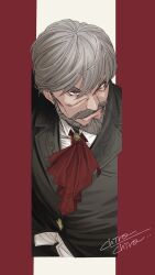 Rule 34 | 1boy, anderson (granblue fantasy), artist name, ascot, beard, brown hair, chirochiro, cropped, facial hair, formal, full beard, granblue fantasy, grey hair, highres, male focus, mustache, old, old man, red ascot, solo, suit, thick eyebrows, upper body