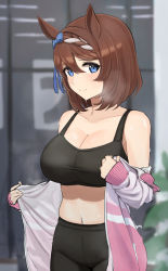 Rule 34 | 1girl, absurdres, alternate costume, alternate hair length, alternate hairstyle, animal ears, bare shoulders, blurry, blurry background, blush, braid, breasts, brown hair, cleavage, closed mouth, clothes down, collarbone, crown braid, highres, horse ears, hukahito, indoors, jacket, large breasts, long sleeves, looking at viewer, midriff, navel, pants, pink jacket, short hair, skindentation, smile, solo, sports bra, standing, steaming body, super creek (umamusume), sweat, umamusume, yoga pants