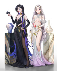 Rule 34 | 2girls, alcohol, arm at side, bag, bangsom, bare shoulders, belt, between fingers, black dress, black footwear, black legwear, blue eyes, boots, bracelet, breasts, bridal gauntlets, chain, cleavage, closed mouth, clothing cutout, colored inner hair, commentary, contrapposto, copyright request, cross-laced footwear, cup, detached sleeves, dress, drinking glass, earrings, elbow gloves, english commentary, flipped hair, food, fruit, full body, gem, gloves, gradient dress, hair ornament, hairclip, halter dress, halterneck, hand on own hip, handbag, high heels, highres, holding, holding bag, holding cup, hoop earrings, jewelry, key, lace-up boots, lock, long hair, medium breasts, mole, mole under eye, multicolored hair, multiple girls, neck ring, o-ring, padlock, pantyhose, parted lips, pink lips, puffy short sleeves, puffy sleeves, purple eyes, purple hair, red lips, revealing clothes, ring, safety pin, short sleeves, shoulder bag, side-by-side, side slit, silver hair, simple background, smile, standing, star (symbol), stiletto heels, sweat, two-tone hair, underboob, vase, very long hair, white background, white dress, white footwear, white gloves, wine, wine glass