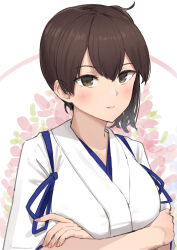 Rule 34 | 1girl, breasts, brown hair, commentary request, crossed arms, double-parted bangs, floral background, hair between eyes, highres, japanese clothes, kaga (kancolle), kantai collection, kimono, large breasts, light blush, looking at viewer, medium hair, osananajimi neko, pink lips, revision, side ponytail, solo, upper body, white kimono