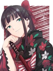 Rule 34 | 1girl, alternate costume, artist name, artist request, black hair, black kimono, blunt bangs, bow, breasts, corset, female focus, floral print, flower print, green eyes, hair bow, hair ornament, hairclip, hairpin, half updo, hand on own chin, highres, holding, holding sword, holding weapon, japanese clothes, kimono, kurosawa dia, long hair, long sleeves, looking at viewer, love live!, love live! school idol festival, love live! sunshine!!, mole, mole under mouth, obi, perfect sekai, perfect sekai (love live!), plaid, plaid kimono, red bow, red kimono, sash, solo, striped, striped bow, sword, teeth, two-tone kimono, upper body, weapon, white background, wide sleeves