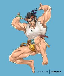 Rule 34 | 1boy, armpits, ass, bara, bare arms, bead bracelet, beads, blue hair, bracelet, broken horn, bulge, dark blue hair, demon boy, demon horns, facial hair, fang, fiery horns, forked eyebrows, highres, horns, jewelry, jumping, loincloth, long sideburns, male focus, male underwear, muscular, muscular male, necklace, otokobara, paid reward available, pectorals, shirt, short hair, sideburns, simple background, sleeveless, solo, stubble, takemaru (housamo), thick eyebrows, thighs, tokyo houkago summoners, torn clothes, torn shirt, underwear, veins, white shirt, yellow male underwear