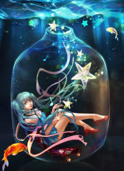 Rule 34 | 1girl, 2966441886, aqua eyes, aqua hair, bad id, bad pixiv id, bell, bottle, dress, fish, hatsune miku, heart, highres, in bottle, in container, jingle bell, lips, long hair, looking at viewer, mini person, minigirl, musical note, necktie, quaver, solo, star (symbol), twintails, underwater, very long hair, vocaloid