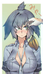 Rule 34 | 10s, 1girl, alternate breast size, between breasts, blush, breast pocket, breasts, chromatic aberration, closed mouth, collared shirt, green eyes, grey hair, grey shirt, hair between eyes, hair lift, harabacho (gkfkqkch1), kemono friends, large breasts, long hair, looking to the side, low ponytail, multicolored hair, necktie, necktie between breasts, nose blush, orange hair, partially unbuttoned, pocket, shirt, shoebill (kemono friends), short sleeves, side ponytail, solo focus, upper body, white neckwear