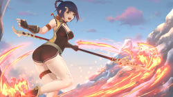 Rule 34 | 1girl, absurdres, alkia, ass, bare shoulders, blue hair, breasts, chinese clothes, fingerless gloves, fire, from behind, genshin impact, gloves, hair ornament, hair rings, hairclip, highres, looking at viewer, open mouth, polearm, short hair, short shorts, shorts, sideboob, smile, solo, spear, weapon, xiangling (genshin impact)