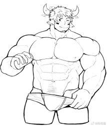 Rule 34 | 1boy, :q, abs, animal ears, bara, bulge, cow boy, cow ears, cow horns, cropped legs, facial hair, fiery horns, forked eyebrows, goatee, greyscale, highres, horns, large pectorals, looking at viewer, male focus, male underwear, male underwear pull, milking machine, monochrome, muscular, muscular male, navel, navel hair, nipples, pectorals, pulling own clothes, seductive smile, self milking, short hair, smile, solo, stomach, strongman waist, tekkowang, thick eyebrows, thighs, tokyo houkago summoners, tongue, tongue out, topless male, underwear, wakan tanka