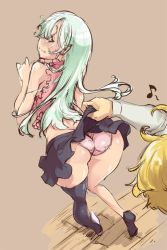 Rule 34 | 10s, 1boy, 1girl, aqua hair, arched back, ass, assisted exposure, asymmetrical clothes, asymmetrical footwear, bare shoulders, black skirt, black thighhighs, blonde hair, blue eyes, blush, clothes lift, crop top, elizabeth liones, embarrassed, frilled shirt, frills, from behind, high heels, hip focus, huge ass, leaning forward, long hair, looking back, meliodas, midriff, mismatched footwear, musical note, nanatsu no taizai, panties, pink panties, pink shirt, shiny skin, shirt, shoes, single thighhigh, skindentation, skirt, skirt lift, standing, teardrop, tears, thighhighs, thighs, thomasz, underwear, upskirt