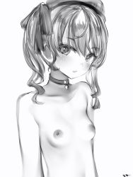 Rule 34 | 1girl, bad id, bad pixiv id, blush, breasts, choker, greyscale, hat, head tilt, highres, hololive, hoshimachi suisei, looking at viewer, monochrome, nanashi (nlo), nipples, nude, parted lips, simple background, small breasts, solo, star-shaped pupils, star (symbol), symbol-shaped pupils, twintails, upper body, virtual youtuber, white background