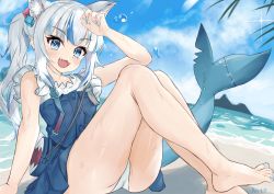 Rule 34 | 1girl, absurdres, animal ears, artist name, ass, barefoot, blue eyes, blue hair, blush, cat ears, dress, feet, fins, fish tail, gawr gura, gawr gura (casual), highres, hololive, hololive english, looking at viewer, multicolored hair, nail polish, open mouth, outdoors, panties, partially visible vulva, ponytail, reitou mkn, shark tail, shiny skin, smile, solo, streaked hair, tail, underwear, virtual youtuber, water, wet, white hair, white panties