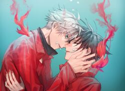 2boys black_hair blue_eyes bubble closed_eyes commentary_request fish fushiguro_megumi gojou_satoru hands_on_another&#039;s_face highres jacket jujutsu_kaisen ki_kuru_kuru looking_at_another male_focus multiple_boys red_jacket red_nails spiked_hair underwater white_hair yaoi