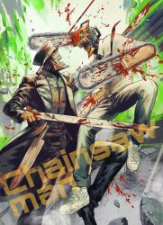 Rule 34 | 2boys, absurdres, black neckwear, blood, blouse, chainsaw man, character name, collared shirt, copyright name, denji (chainsaw man), dress shirt, fighting, highres, katana man (chainsaw man), knife, multiple boys, necktie, pants, rott ur, shirt, shoes, sleeves rolled up, sneakers, white footwear, white shirt, wing collar