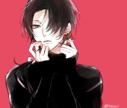Rule 34 | 10s, 1boy, androgynous, black hair, black shirt, earrings, hair over one eye, kashuu kiyomitsu, looking at viewer, male focus, mole, mole under mouth, nail polish, parted lips, personification, ponytail, red background, red eyes, red nails, shijima tohiro, simple background, solo, touken ranbu, turtleneck, twitter username