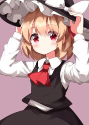 1girl arms_up ascot black_hat black_skirt black_vest blonde_hair blush bow closed_mouth collared_shirt cowboy_shot frilled_hat frills hat hat_bow highres long_sleeves looking_at_viewer pink_background red_ascot red_eyes rumia ruu_(tksymkw) shirt short_hair simple_background skirt skirt_set solo standing touhou vest white_bow white_shirt witch_hat