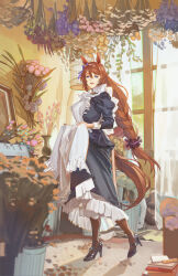Rule 34 | :d, ak8531848, alternate costume, animal ears, apron, birdcage, black dress, black footwear, black pantyhose, blue eyes, blue ribbon, book, book stack, bouquet, braid, breasts, brown hair, cage, clothes lift, curtains, dress, enmaided, flower, frilled apron, frilled dress, frills, full body, hair ornament, hair ribbon, hair scrunchie, high collar, high heels, highres, horse ears, horse girl, horse tail, indoors, juliet sleeves, large breasts, long hair, long sleeves, looking at viewer, low-braided long hair, low-tied long hair, maid, maid apron, open mouth, pantyhose, picture frame, puffy sleeves, ribbon, scrunchie, skirt, skirt hold, smile, standing, super creek (umamusume), tail, umamusume, vase, very long hair, window