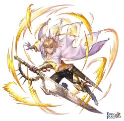 Rule 34 | 1boy, absurdres, black pants, blonde hair, box (hotpppink), clyde (eden fantasia), commentary request, eden fantasia, full body, highres, holding, holding sword, holding weapon, jacket, male focus, official art, open clothes, open jacket, pants, solo, sword, weapon, white jacket, yellow eyes