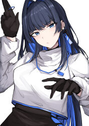 Rule 34 | 1girl, alternate costume, black bow, black gloves, black pants, blue eyes, blue hair, bow, bow earrings, colored inner hair, commentary, cropped shirt, earrings, english commentary, gloves, hair intakes, highres, hololive, hololive english, jewelry, long hair, looking at viewer, multicolored hair, ouro kronii, pants, sak1 01, shirt, virtual youtuber, white background, white shirt