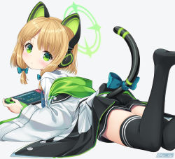 Rule 34 | animal ear headphones, animal ears, black shorts, black thighhighs, blonde hair, blouse, blue archive, blue bow, blue necktie, blush, bow, cat ear headphones, cat tail, commentary request, dot mouth, dot nose, fake animal ears, green eyes, halo, headphones, jacket, kei kei, long sleeves, looking at viewer, looking back, lying, midori (blue archive), necktie, nintendo switch, no shoes, on stomach, over shoulder, playing games, shirt, short hair, shorts, sidelocks, tail, thighhighs, thighs, white background, white jacket, white shirt, wide sleeves