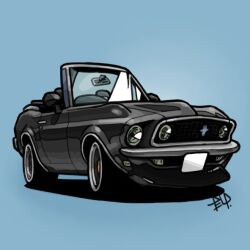 Rule 34 | blue background, car, chibi, convertible, ford, ford mustang, ford mustang (1st generation), motor vehicle, muscle car, no humans, original, shadow, signature, simple background, takedake (motion animator), vehicle focus