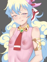 Rule 34 | 1girl, 9rimson, bare shoulders, blue eyes, blush, breasts, covered erect nipples, grey background, highres, licking lips, long hair, looking at viewer, multicolored hair, naughty face, nia teppelin, nipples, sleeveless, small breasts, smile, solo, symbol-shaped pupils, tengen toppa gurren lagann, tongue, tongue out, unusual pupils, upper body, very long hair