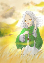 Rule 34 | 1girl, :d, absurdres, ahoge, capelet, cloud, dress, elf, es limi, green capelet, hand up, highres, looking at viewer, medium hair, mushoku tensei, open mouth, orange eyes, outdoors, pointy ears, smile, solo, sunset, sylphiette (mushoku tensei), wheat, white dress, white hair