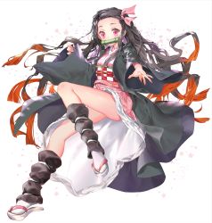 Rule 34 | 1girl, bamboo, bit gag, black hair, brown hair, checkered sash, commentary request, fingernails, floral background, forehead, full body, gag, hair ribbon, highres, japanese clothes, kamado nezuko, kimetsu no yaiba, kimono, long fingernails, long hair, long sleeves, looking at viewer, mintchoco (orange shabette), mouth hold, multicolored hair, nail polish, obi, open clothes, parted bangs, pink eyes, pink kimono, pink ribbon, red nails, ribbon, sandals, sash, sharp fingernails, sleeves past wrists, solo, two-tone hair, very long hair, white background, white footwear, white legwear, wide sleeves, zouri