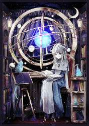 Rule 34 | 1girl, absurdres, armillary sphere, bird, blue dress, blue eyes, book, book stack, bookshelf, capelet, chair, crescent, crystal, demon girl, demon horns, dress, glass bottle, gyroscope, highres, holding, holding book, horns, jar, jewelry, lantern, long dress, long hair, long sleeves, necklace, open book, original, pale skin, pendant, reading, sanamisa, signature, silver hair, sitting, smile, solo, star (symbol), star map, symbol-only commentary, twintails, very long hair, white capelet