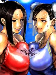 Rule 34 | 2girls, breast press, breasts, brown eyes, brown hair, bun cover, capcom, chun-li, covered erect nipples, crossover, large breasts, megaween, multiple girls, nipples, shiranui mai, short hair, smirk, snk, street fighter, sun, sweat, swimsuit, symmetrical docking, the king of fighters