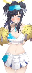 Rule 34 | 1girl, absurdres, animal ears, bare shoulders, blue archive, blue eyes, blue skirt, blush, breasts, cheerleader, cleavage, commentary request, cowboy shot, crop top, dog ears, dog girl, goggles, goggles on head, halo, hibiki (blue archive), hibiki (cheer squad) (blue archive), highres, holding, holding pom poms, large breasts, long hair, medium breasts, midriff, millennium cheerleader outfit (blue archive), multicolored clothes, multicolored skirt, navel, noko32, pom pom (cheerleading), pom poms, ponytail, simple background, skirt, solo, star sticker, sticker on arm, sticker on face, white background, white skirt