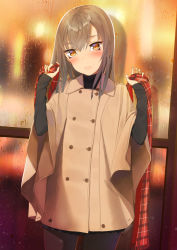 Rule 34 | 1girl, black pantyhose, black skirt, blurry, blurry background, blush, brown eyes, brown hair, closed mouth, commentary, depth of field, english commentary, fringe trim, hair between eyes, head tilt, highres, holding, long hair, long sleeves, looking at viewer, original, pantyhose, plaid, plaid scarf, pleated skirt, rain, red scarf, scarf, skirt, sleeves past wrists, solo, throtem, water, window