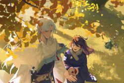 Rule 34 | 1girl, 2boys, armor, autumn leaves, blue kimono, brown eyes, brown hair, claws, facial mark, forehead mark, fur trim, grey hair, hair between eyes, highres, holding, holding mushroom, inuyasha, jaken, japanese clothes, katana, kimono, long hair, looking at another, mmmilk, multiple boys, mushroom, obi, open mouth, outdoors, own hands together, parted bangs, pointy ears, rin (inuyasha), sash, scarf, sesshoumaru, shoulder armor, shoulder spikes, sleeping, smile, spikes, sword, tree, weapon, white kimono, yellow eyes