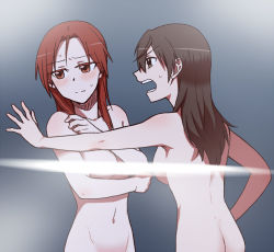 Rule 34 | 2girls, ass, back, breasts, brown hair, closed mouth, commentary, completely nude, frown, gertrud barkhorn, hair down, kabedon, light censor, long hair, looking at another, looking away, medium breasts, minna-dietlinde wilcke, multiple girls, navel, nude, open mouth, red hair, standing, strike witches, torinone, wet, world witches series