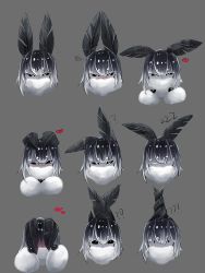 Rule 34 | !?, 1girl, ?, ??, arthropod girl, bad id, bad pixiv id, black sclera, blush, colored sclera, embarrassed, english text, expression chart, expressions, fur, grey background, heart, insect girl, monster girl, moth (diddms1999), moth antennae, moth girl, multiple views, my700, original, short hair, simple background, white eyes, yes, zzz