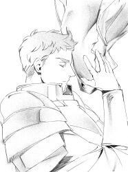 Rule 34 | 1boy, affectionate, armor, closed eyes, closed mouth, dungeon meshi, from side, gorget, greyscale, hand up, heads together, highres, horse, laios touden, lerda, light smile, male focus, monochrome, pauldrons, plate armor, profile, short hair, shoulder armor, simple background, solo focus, upper body, vambraces